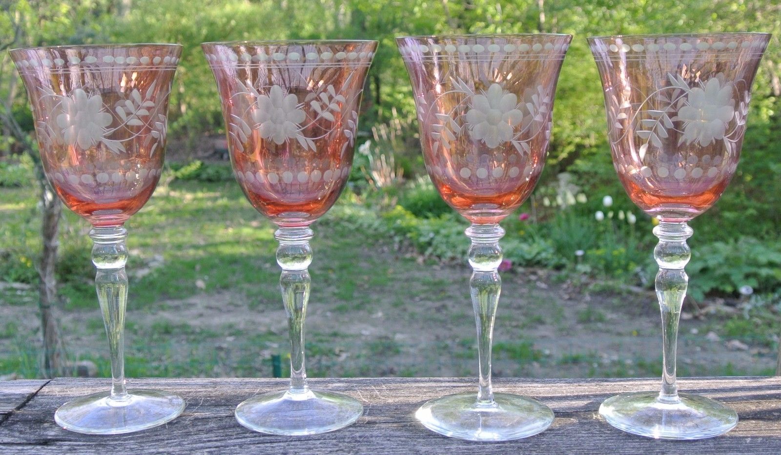 Set of 4 Romania Royal Danube Etched Tall Wine/Water Goblets