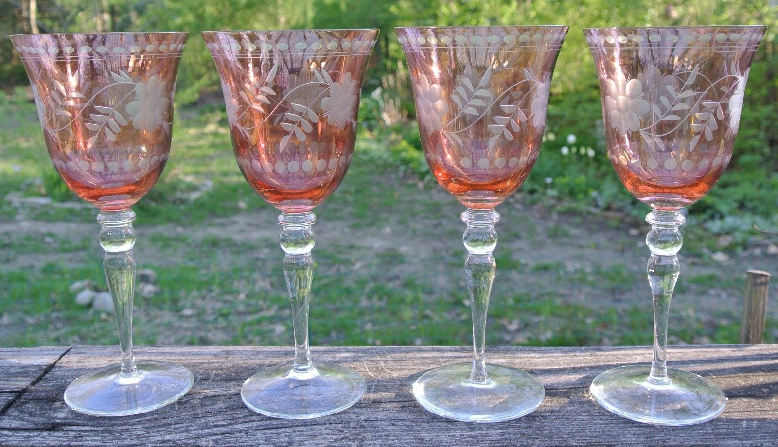 Set of 4 Romania Royal Danube Etched Tall Wine/Water Goblets