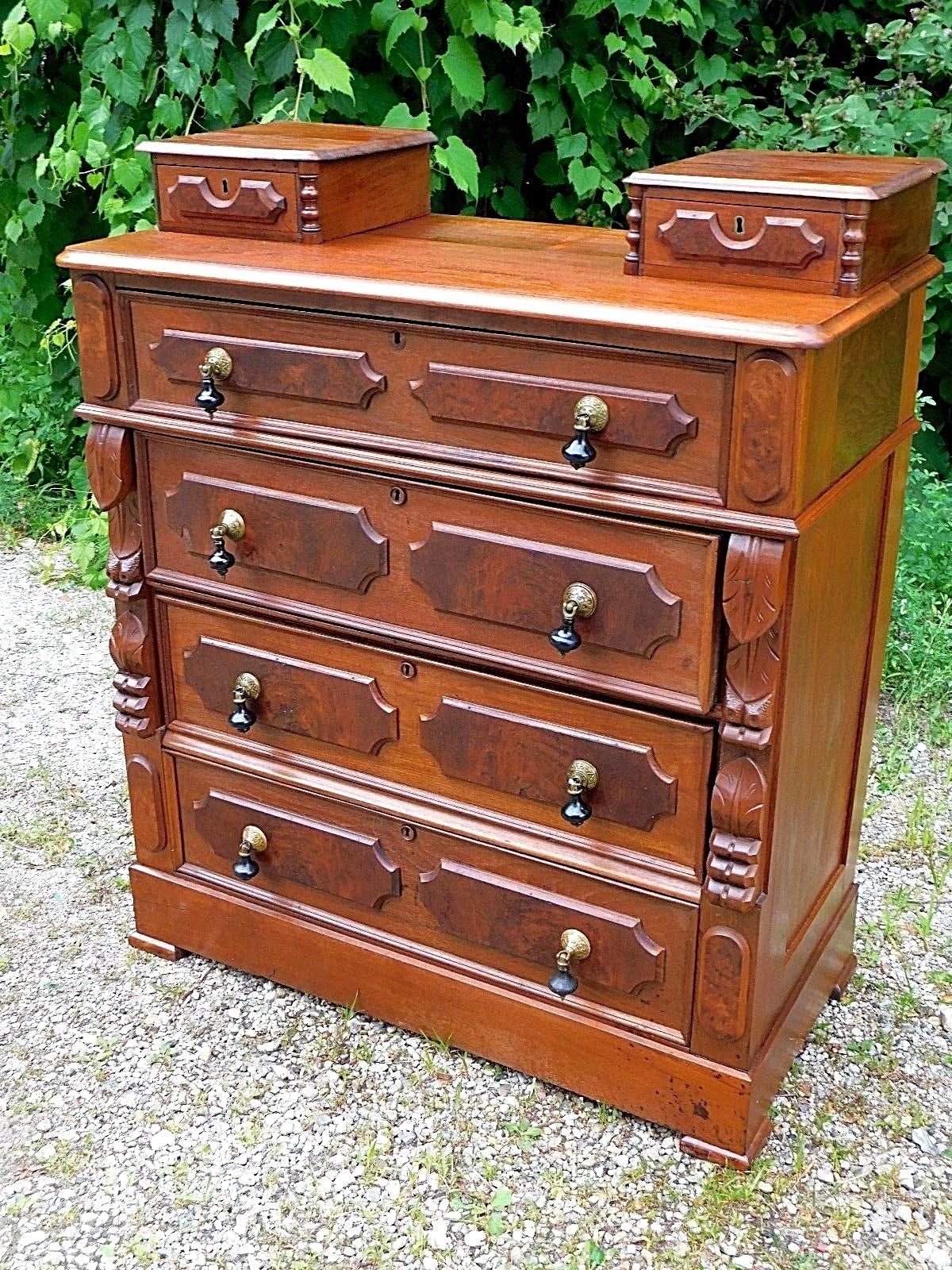 Walnut Antique Victorian Ornate Dresser with hankie drawers