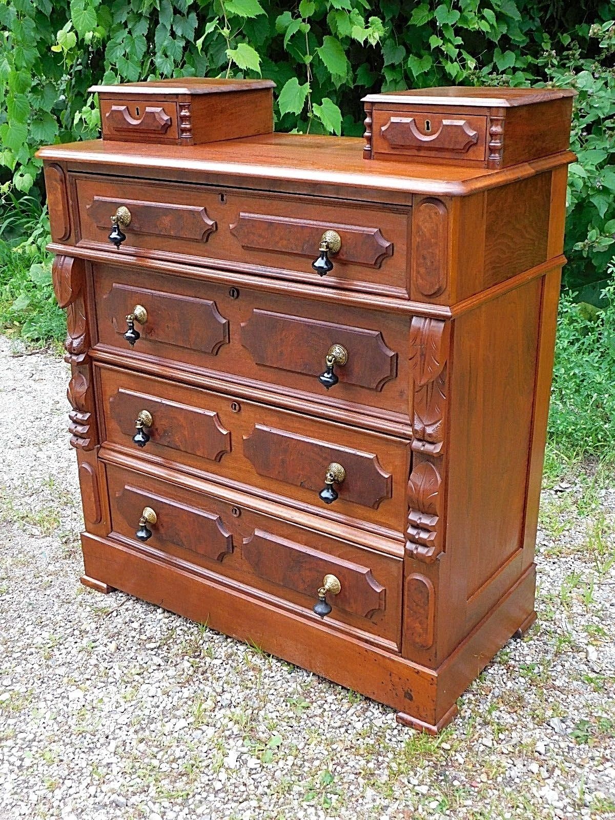 Walnut Antique Victorian Ornate Dresser with hankie drawers