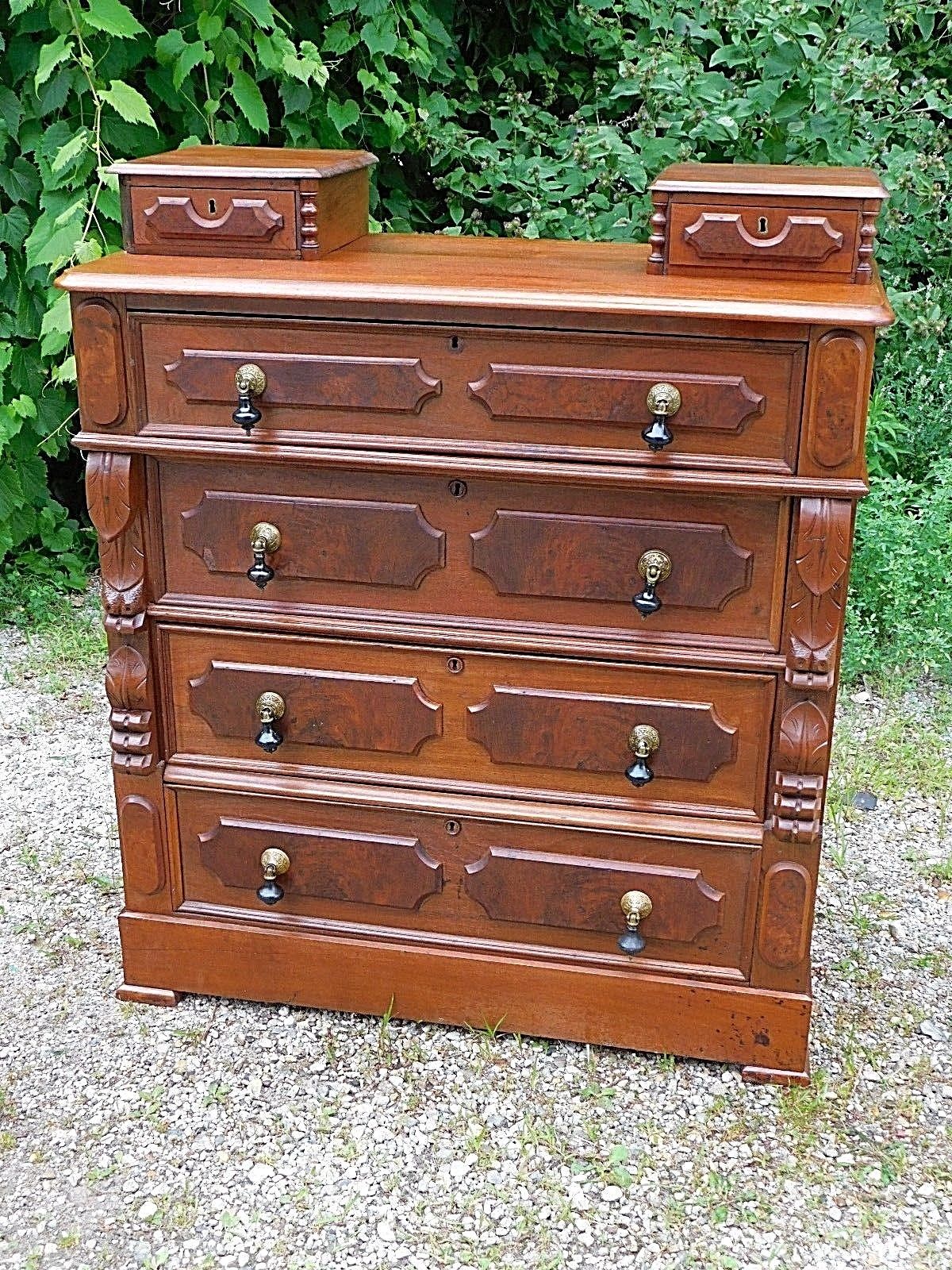 Walnut Antique Victorian Ornate Dresser with hankie drawers