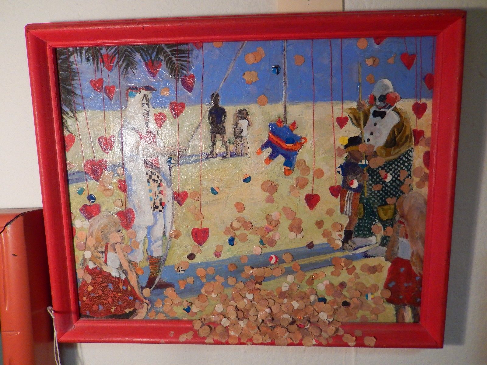 UNUSUAL ORIGINAL MIXED MEDIA PAINTING BY DAVID MOORE VALENTINE'S DAY PICNIC