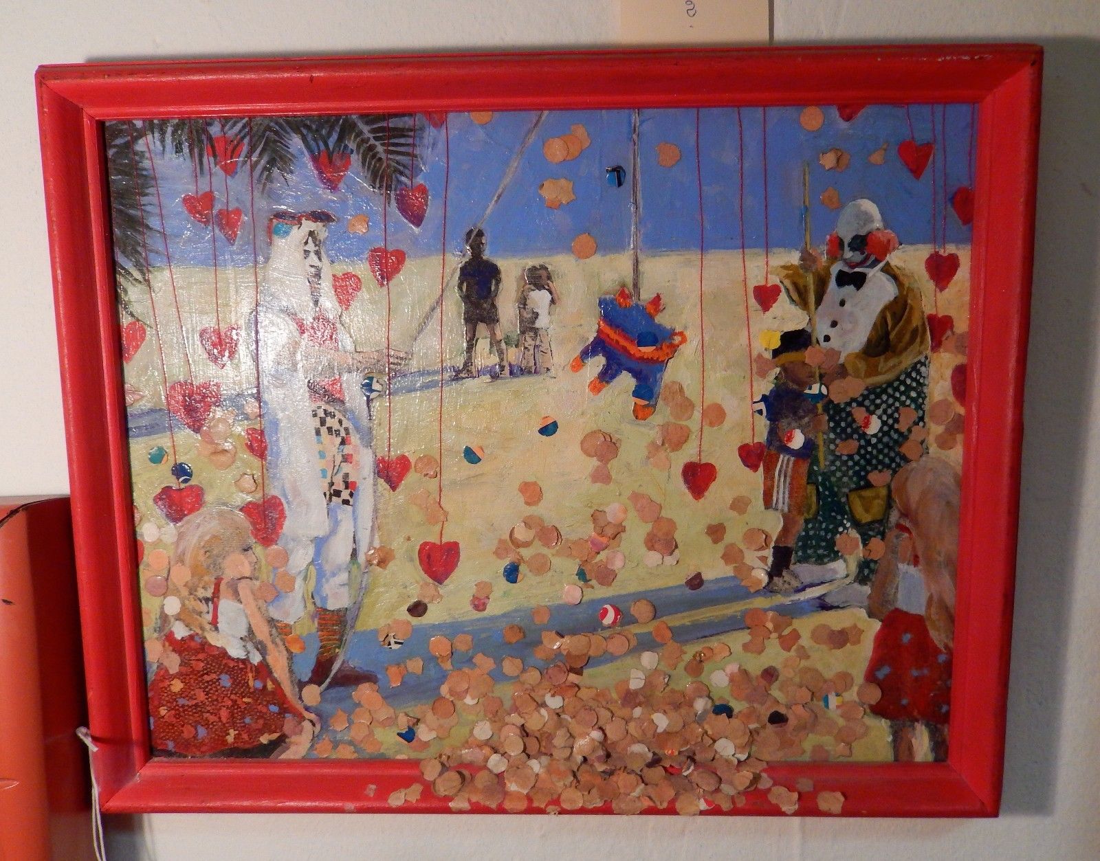 UNUSUAL ORIGINAL MIXED MEDIA PAINTING BY DAVID MOORE VALENTINE'S DAY PICNIC