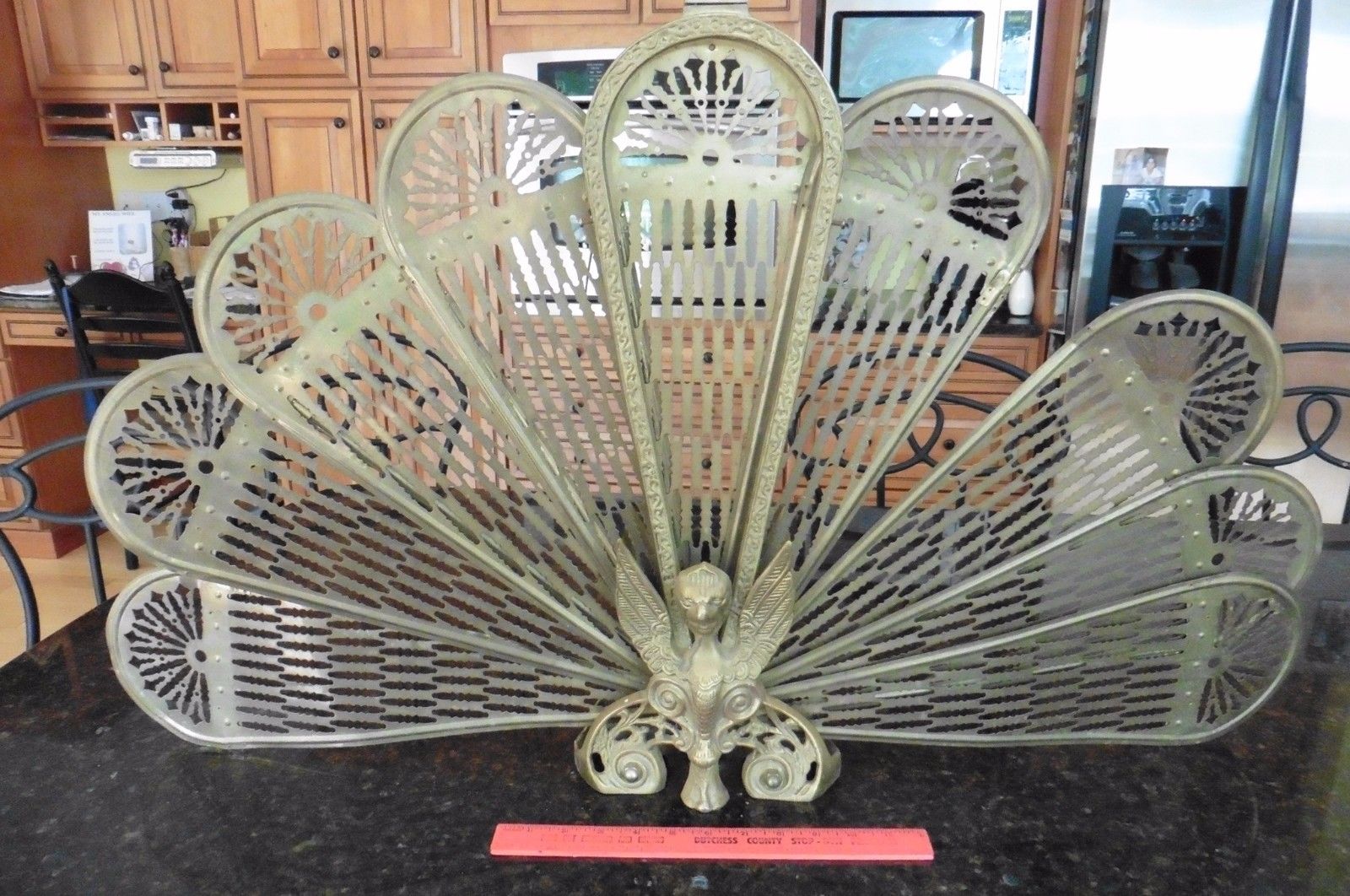 Fireplace Screen Brass Peacock Folding Vintage Fan Style Bird Winged Lion giffin