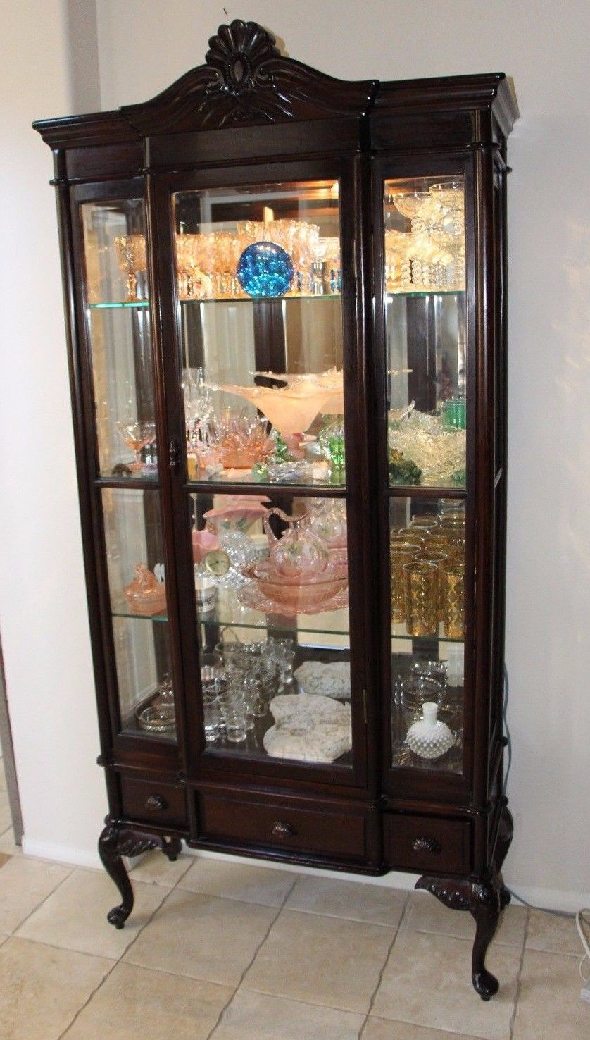 Antique Rare Queen Anne Display Curio China Cabinet Beveled Glass Mirror Back