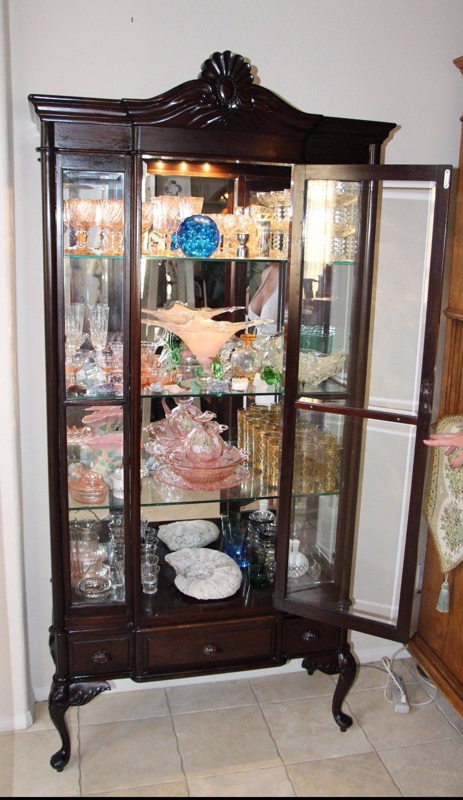 Antique Rare Queen Anne Display Curio China Cabinet Beveled Glass Mirror Back