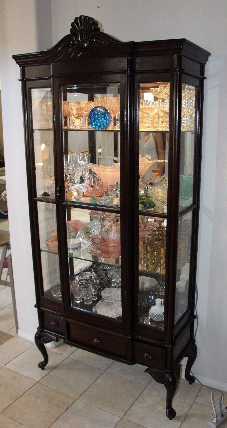 Antique Rare Queen Anne Display Curio China Cabinet Beveled Glass Mirror Back