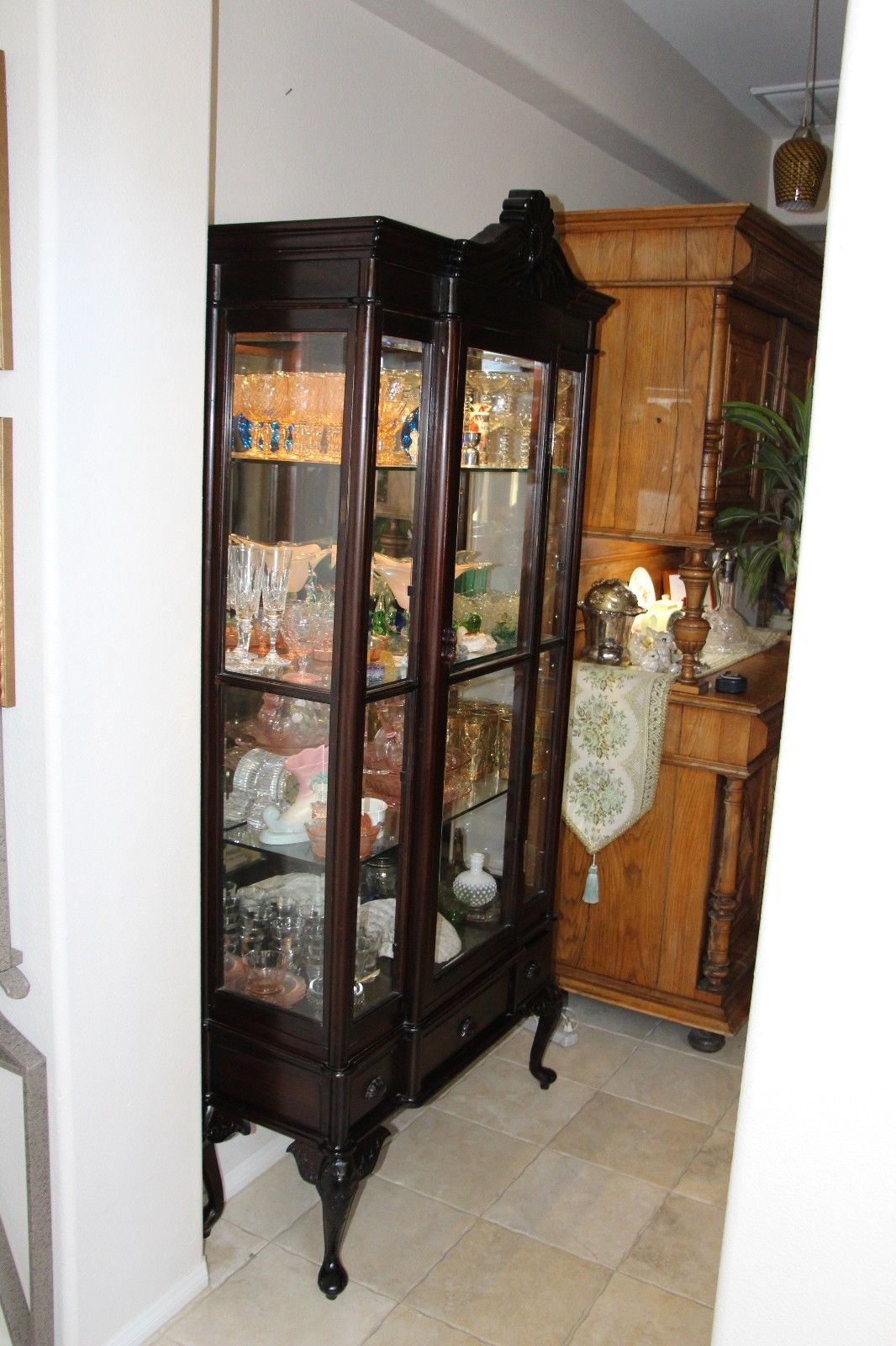 Antique Rare Queen Anne Display Curio China Cabinet Beveled Glass Mirror Back