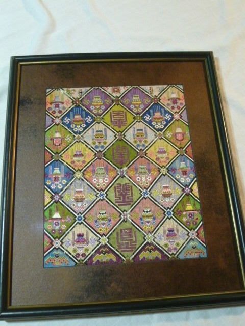 Framed Antique Oriental Embroidery Geometric MANJI or WAN Symbol Floral Design