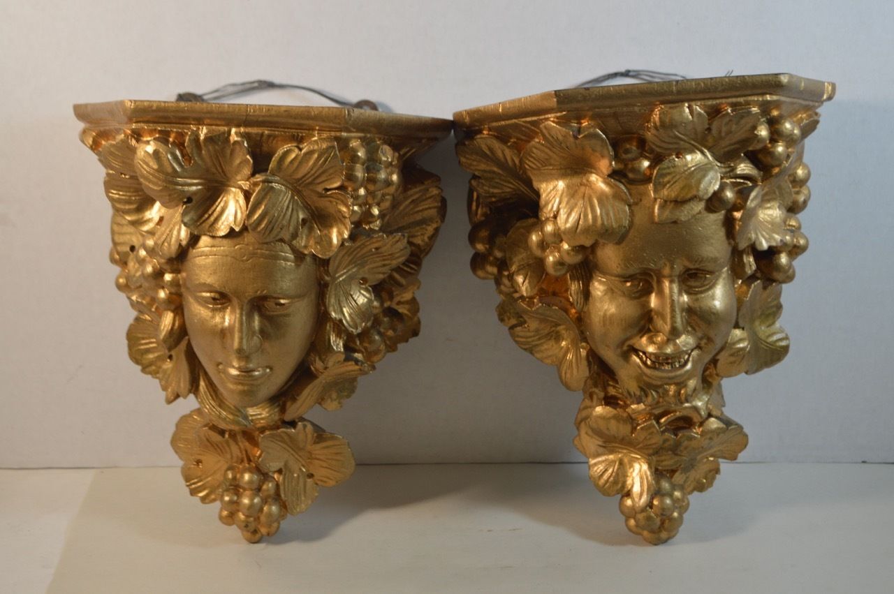 Antique Gilt Carved Wood Wall Brackets of Bacchants