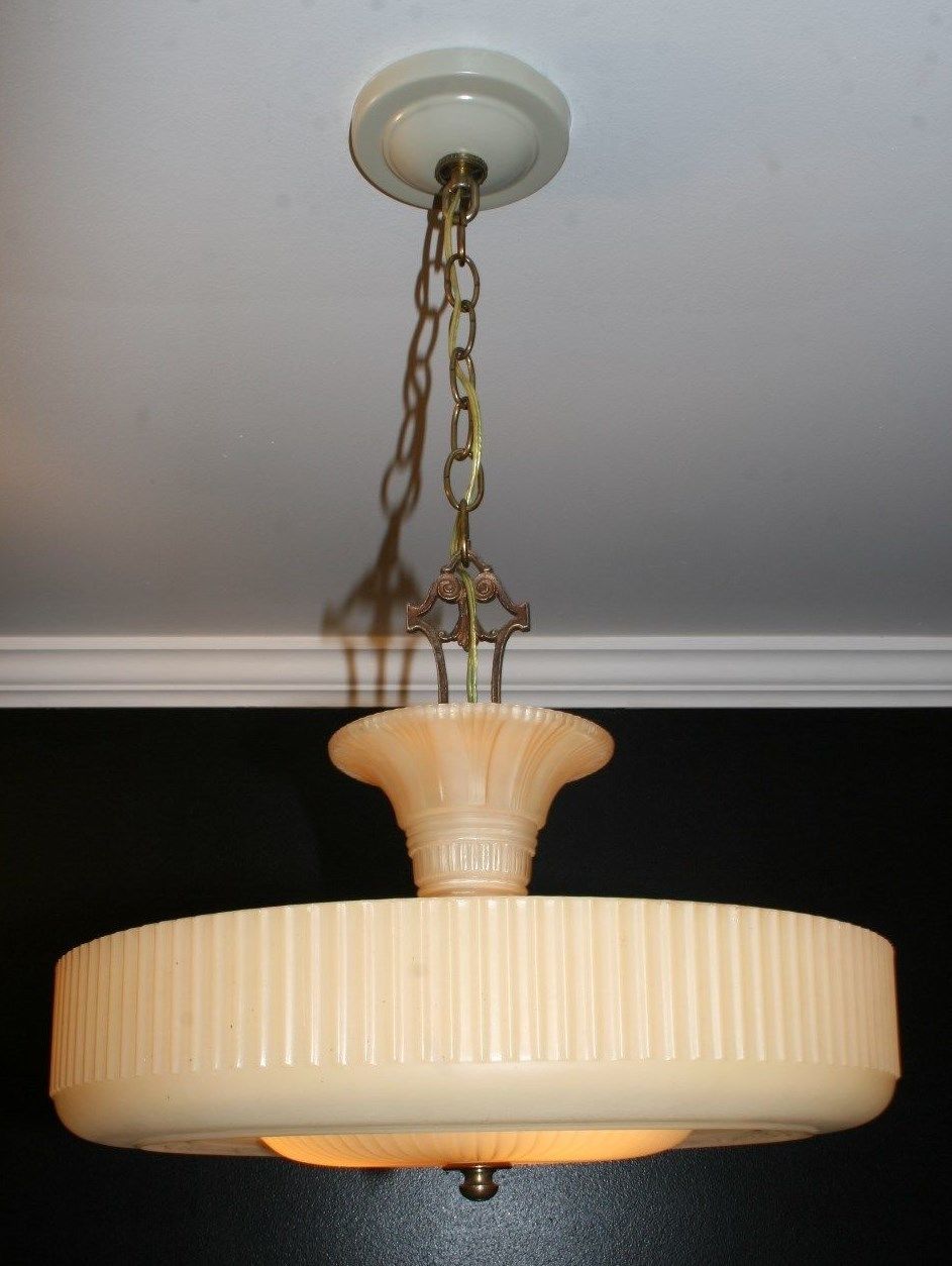 Antique caramel beige glass art deco light fixture ceiling chandelier 1940s