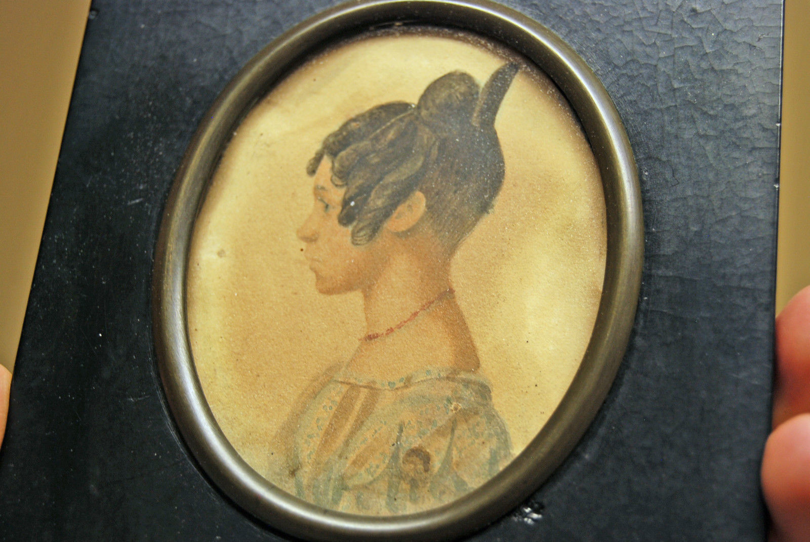 Antique 1800's Watercolor Silhouette Woman Girl Bust Miniature Portrait Folk Art