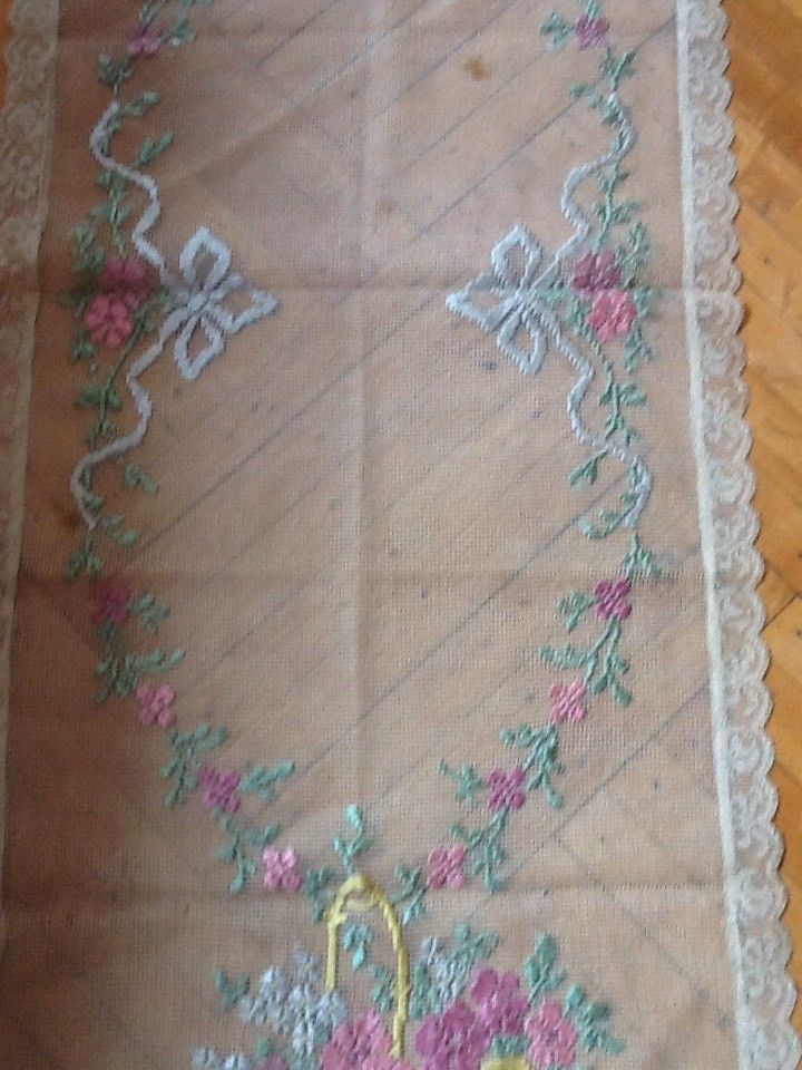 Antique vtg filet Net Lace Runner #2 baskets barbola roses bow doily embroidered