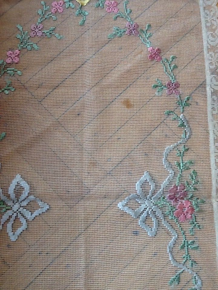 Antique vtg filet Net Lace Runner #2 baskets barbola roses bow doily embroidered