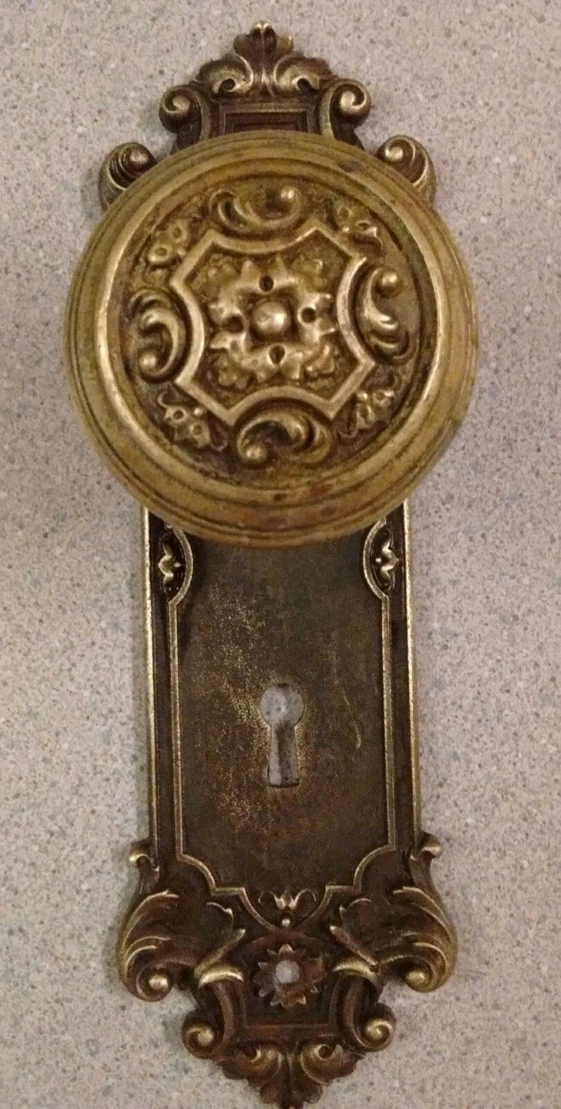 Victorian Brass Bronze Door Knob and Cast Back Plate - Ornate Design