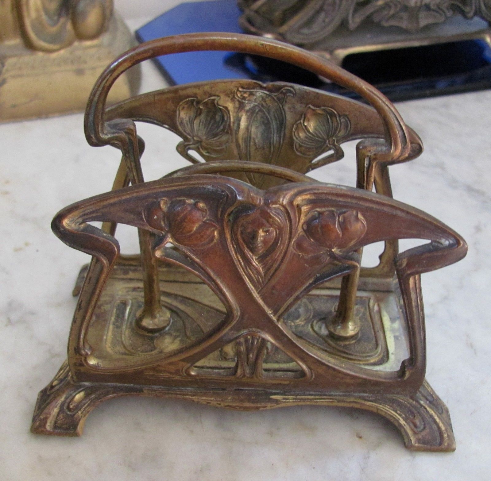 VICTORIAN Orig *ART NOUVEAU c1890s Brass DESK LETTER HOLDER Lady Face & Flowers