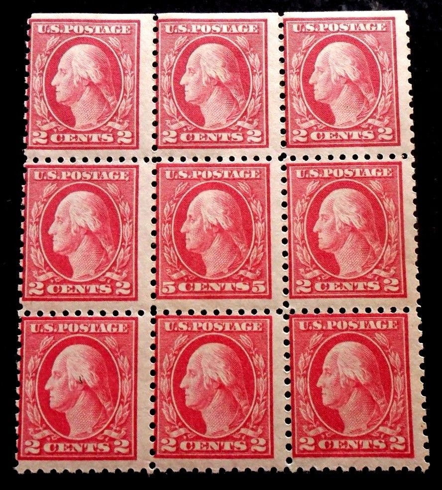 Buffalo Stamps, Scott #467 $.05 Carmine Block of 9, Mint NH/OG & Fine