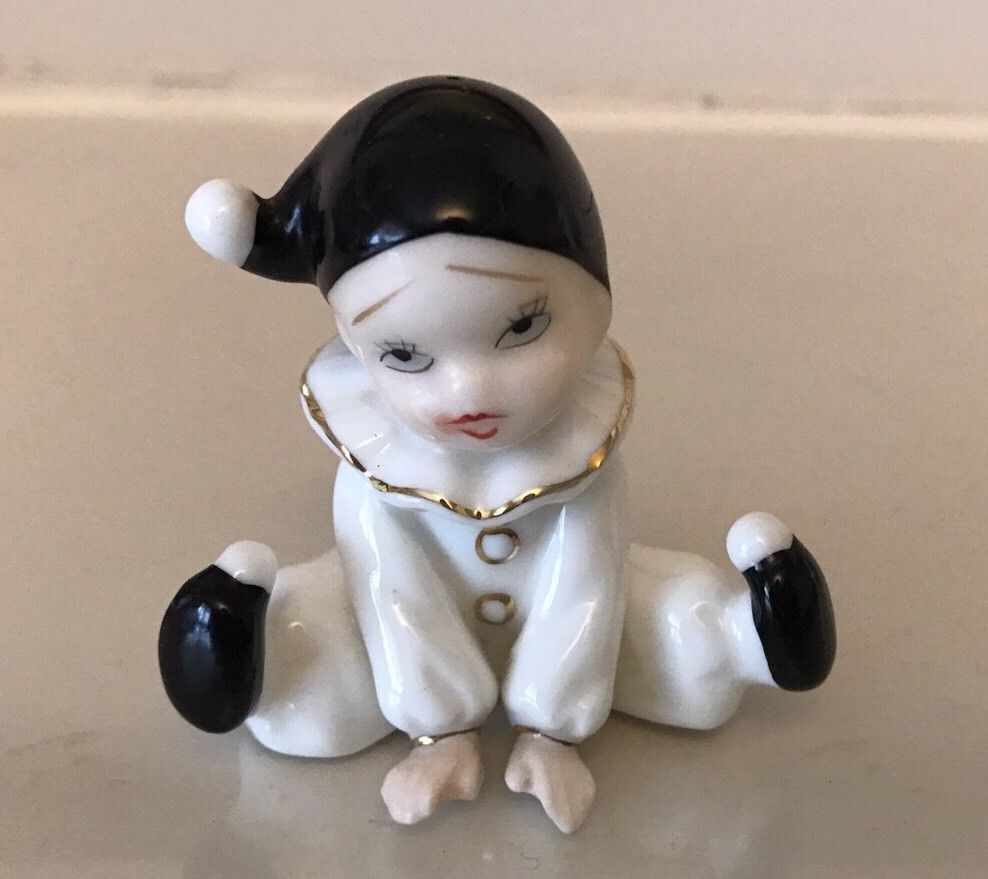 VINTAGE BONE CHINA MINIATURE BLACK AND WHITE CLOWN FIGURAL FIGURINE