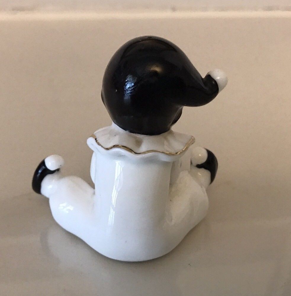 VINTAGE BONE CHINA MINIATURE BLACK AND WHITE CLOWN FIGURAL FIGURINE