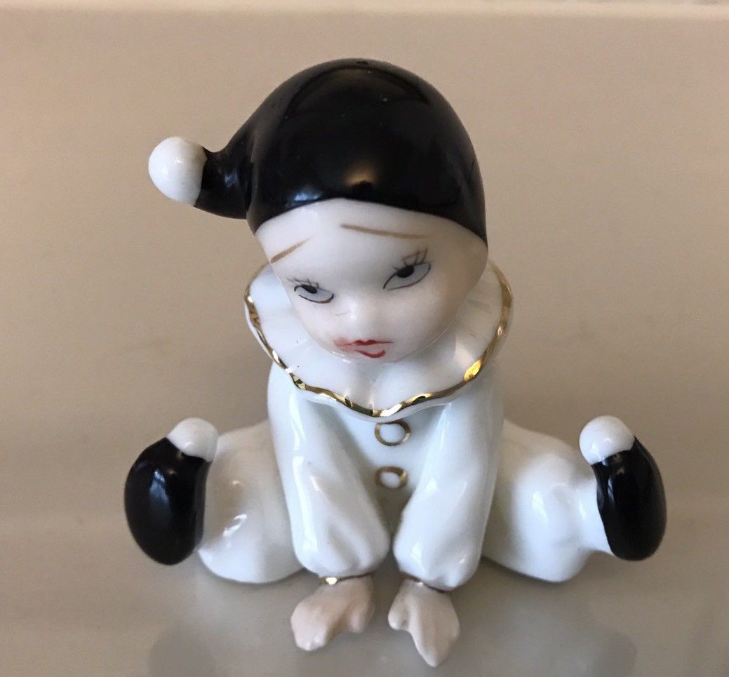 VINTAGE BONE CHINA MINIATURE BLACK AND WHITE CLOWN FIGURAL FIGURINE