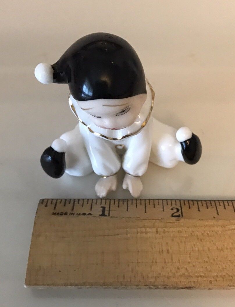 VINTAGE BONE CHINA MINIATURE BLACK AND WHITE CLOWN FIGURAL FIGURINE