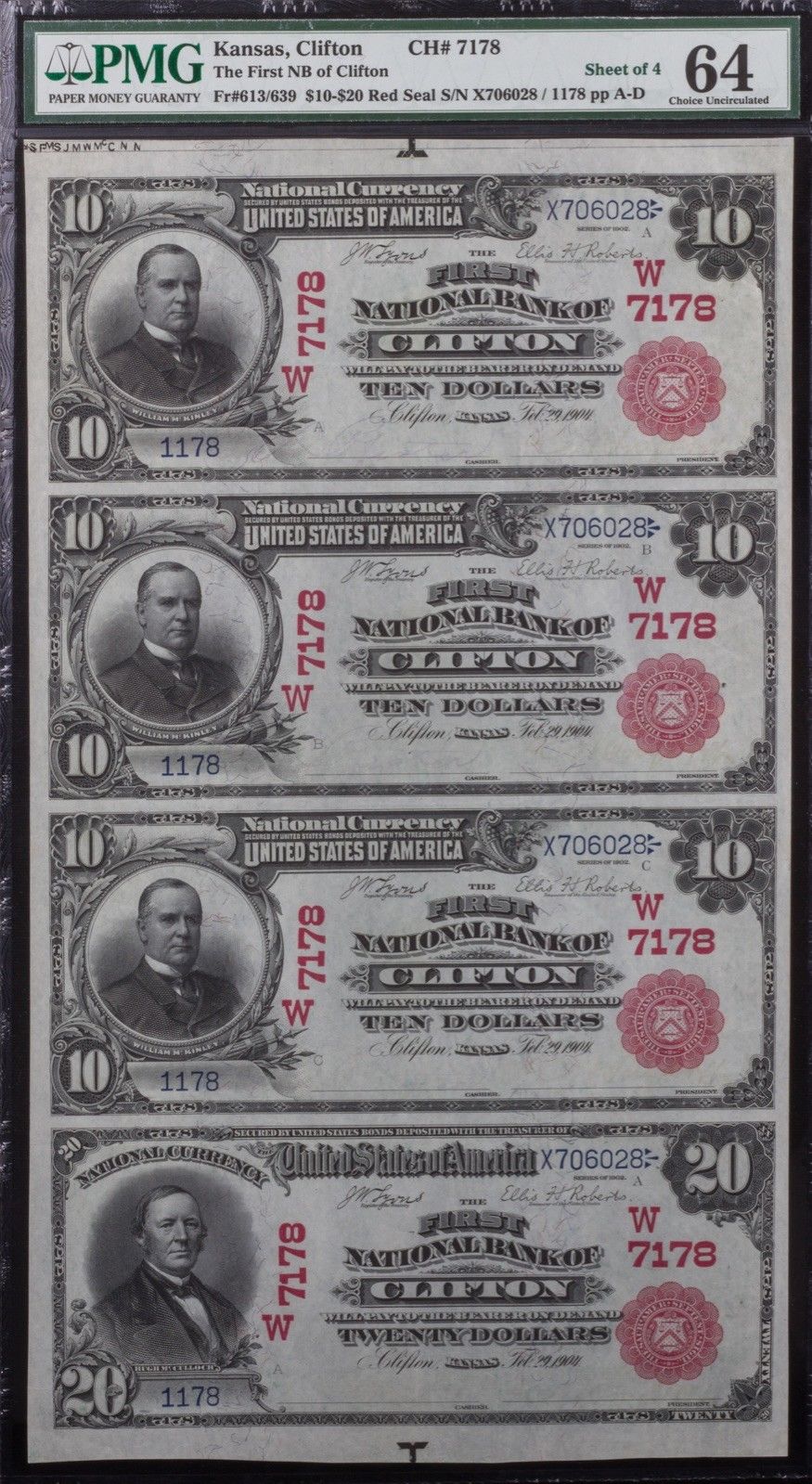 1902 Red Seal $10/$20 Uncut Sheet National Bank Clifton Kansas PMG Choice Unc 64