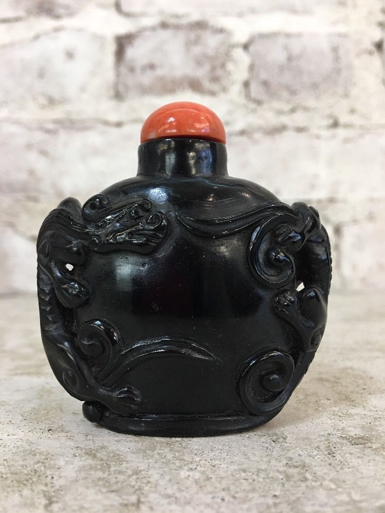 19th C. Qing [Ching] Dynasty Chinese Carved Jet and Coral Snuff Bottle
