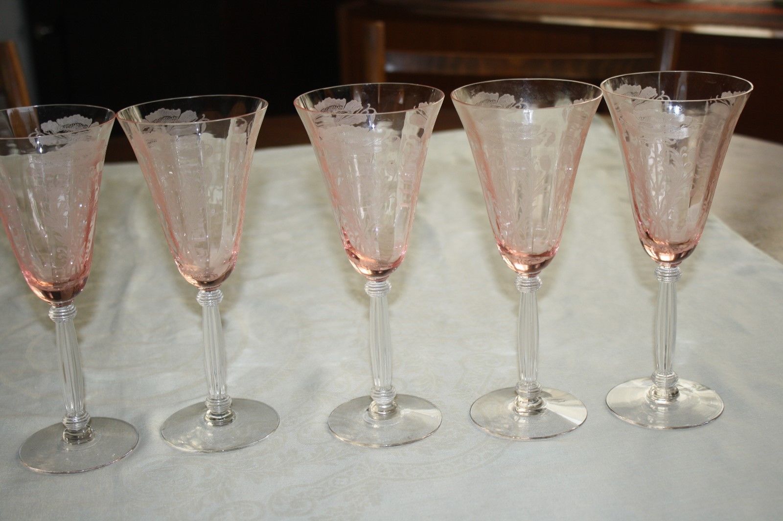 TIFFIN "FLANDERS" PINK ETCHED GLASS CLEAR STEM SET OF (5) WATER GOBLETS 8 1/4"