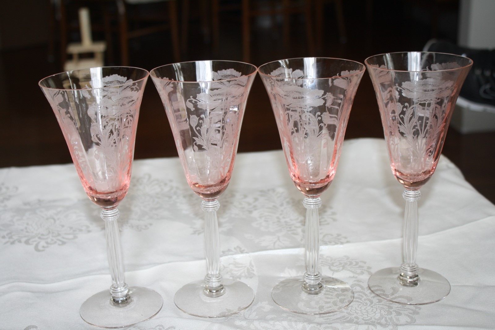 TIFFIN "FLANDERS" PINK ETCHED GLASS CLEAR STEM SET OF (5) WATER GOBLETS 8 1/4"