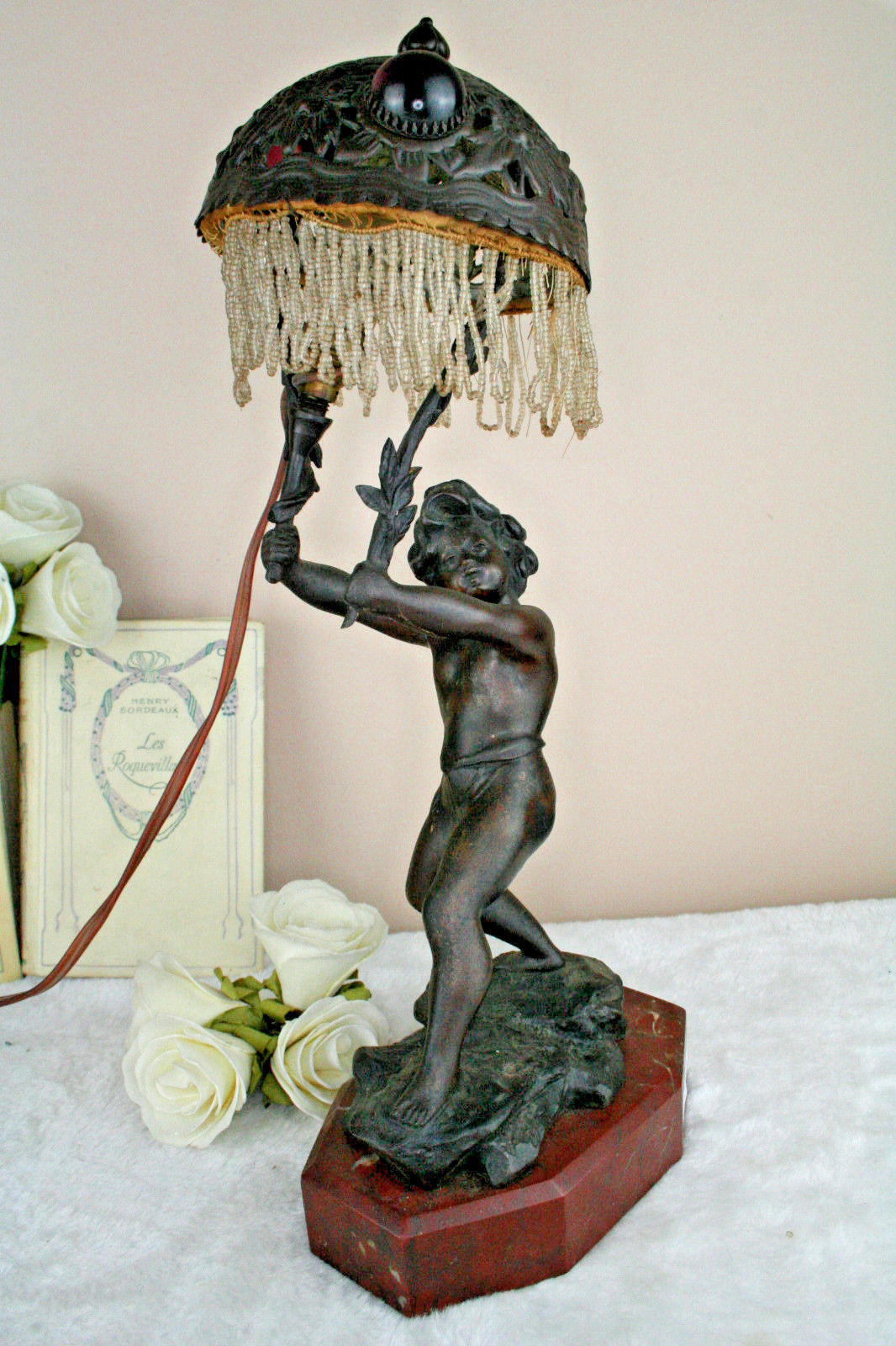 Vtg French spelter putti cherub table lamp marble base 1960's marked