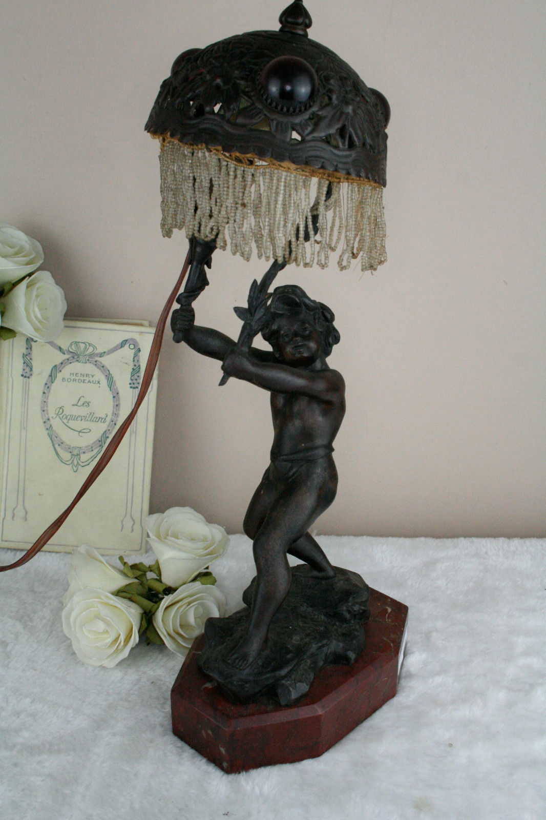 Vtg French spelter putti cherub table lamp marble base 1960's marked