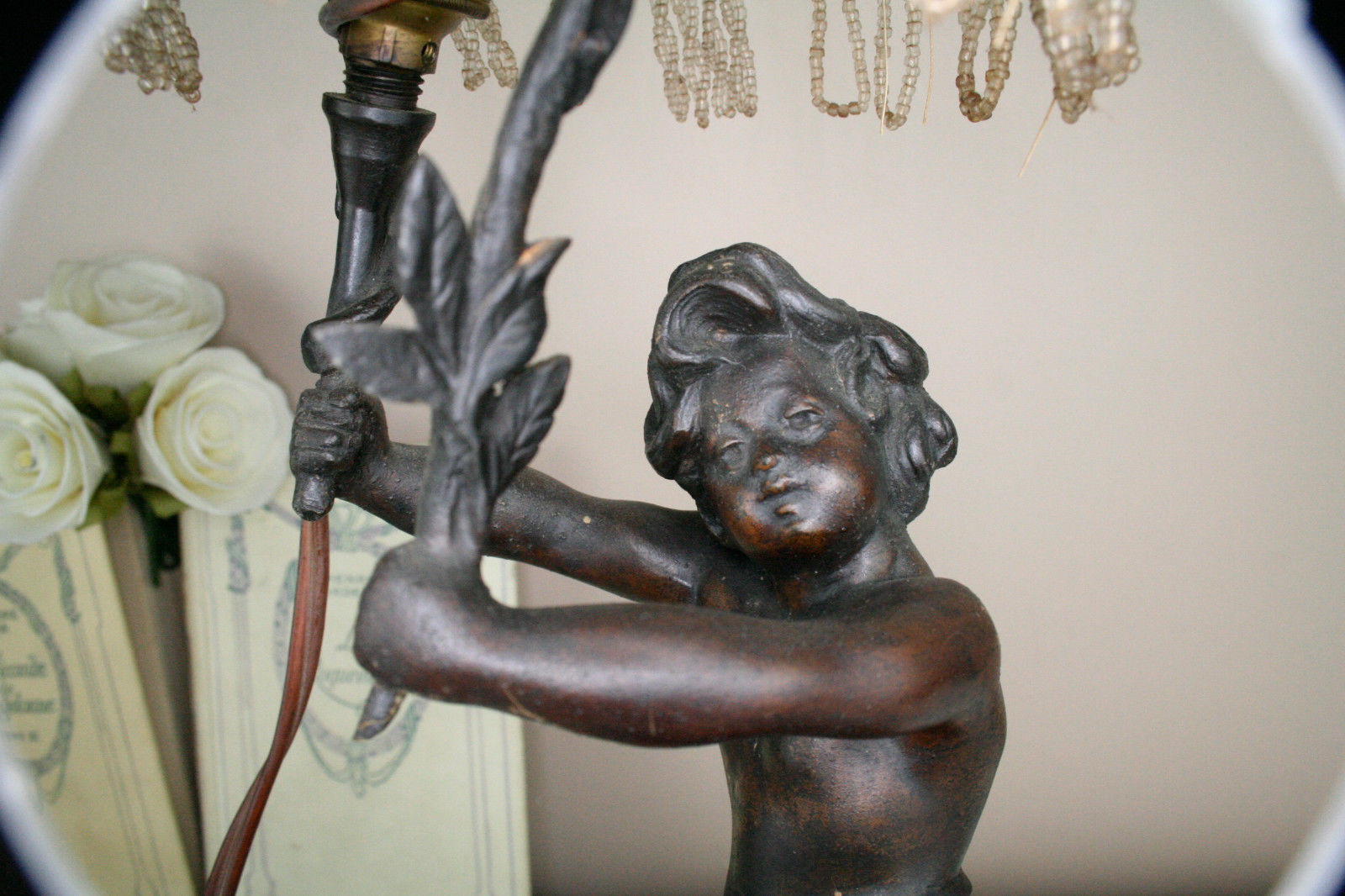 Vtg French spelter putti cherub table lamp marble base 1960's marked