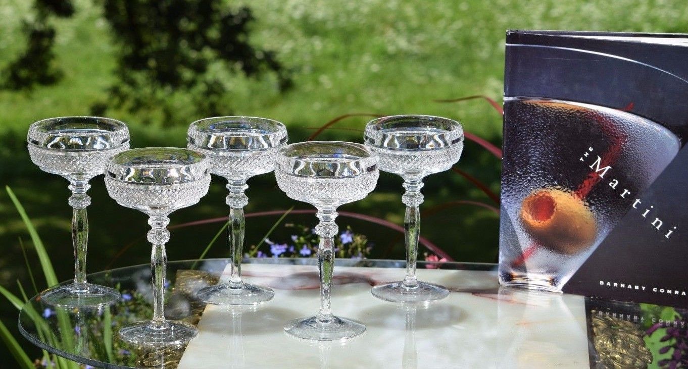 Vintage Crystal Champagne Coupes, Set of 5, Tall Vintage Cocktail glasses