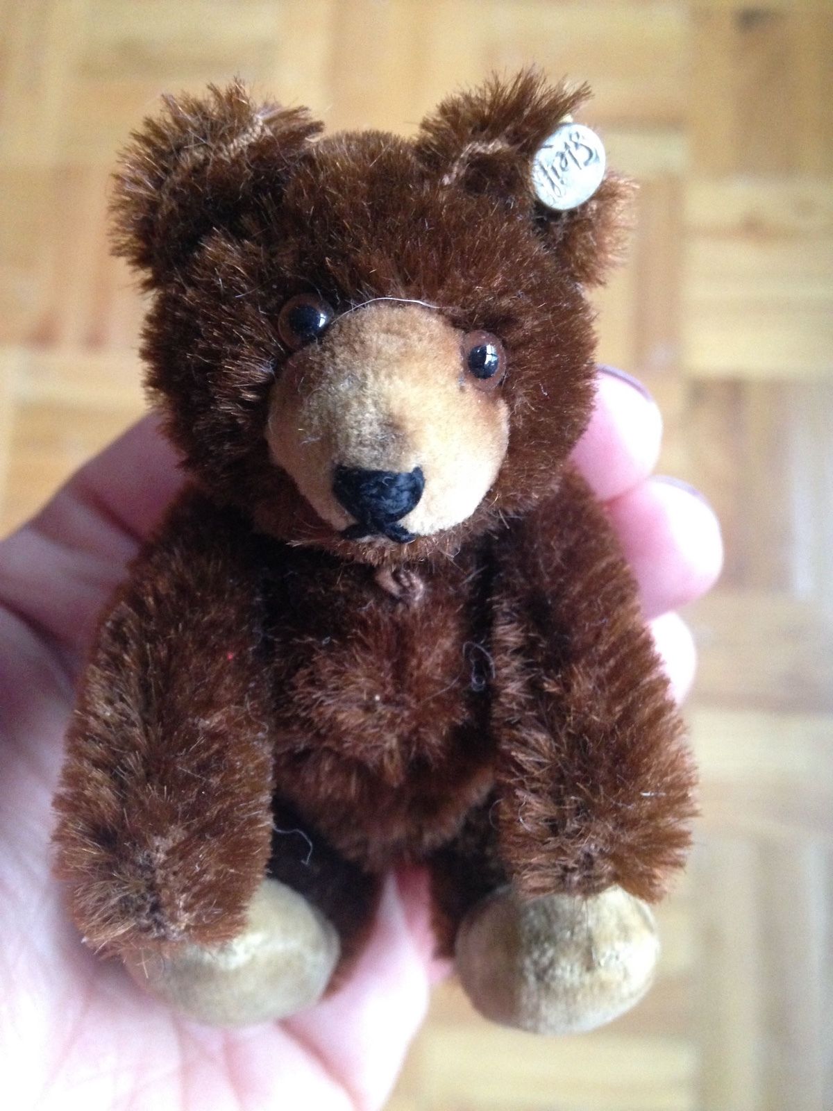 Brown VINTAGE ANTIQUE  Steiff Mohair Teddy Baby Bear W/Button Miniature 3.5" NR