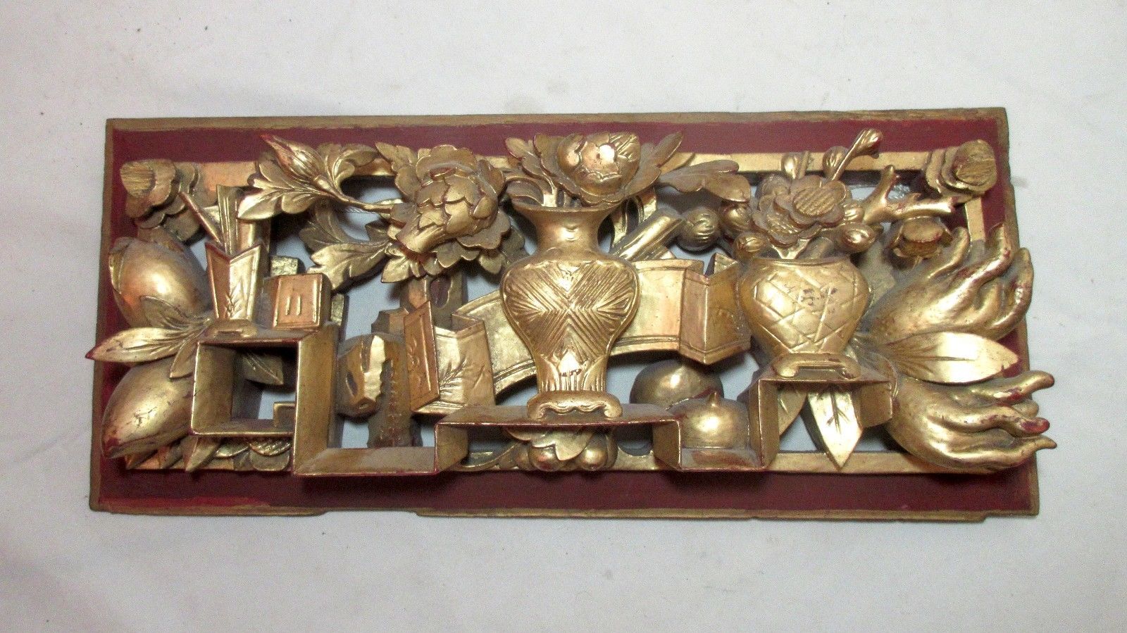 antique hand carved gold gilt Chinese lacquered wood figural sculpture panel .