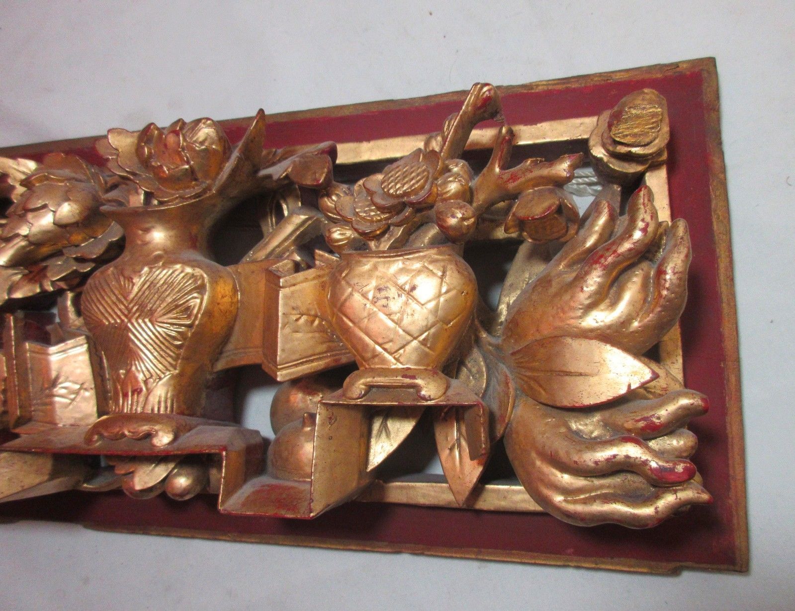 antique hand carved gold gilt Chinese lacquered wood figural sculpture panel .