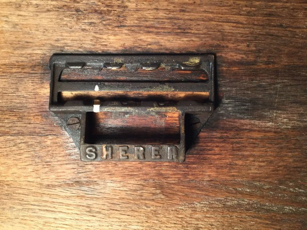 Vtg/Antique SHERER Seed Cabinet Bin Pull Drawer HANDLE&OAK WOOD FRONT Cast Iron
