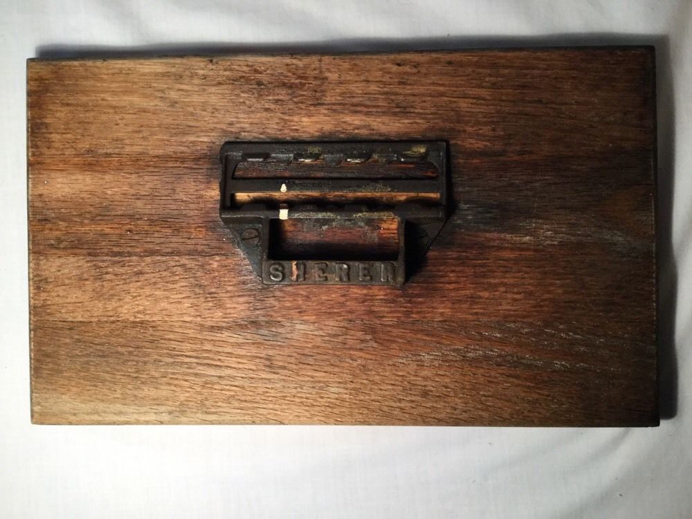 Vtg/Antique SHERER Seed Cabinet Bin Pull Drawer HANDLE&OAK WOOD FRONT Cast Iron