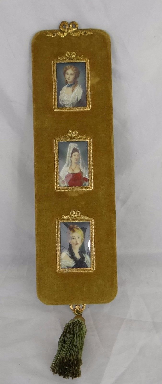 Antique French Three Miniatures Ladies Portrait Velvet Bronze Frame Louis XVI -