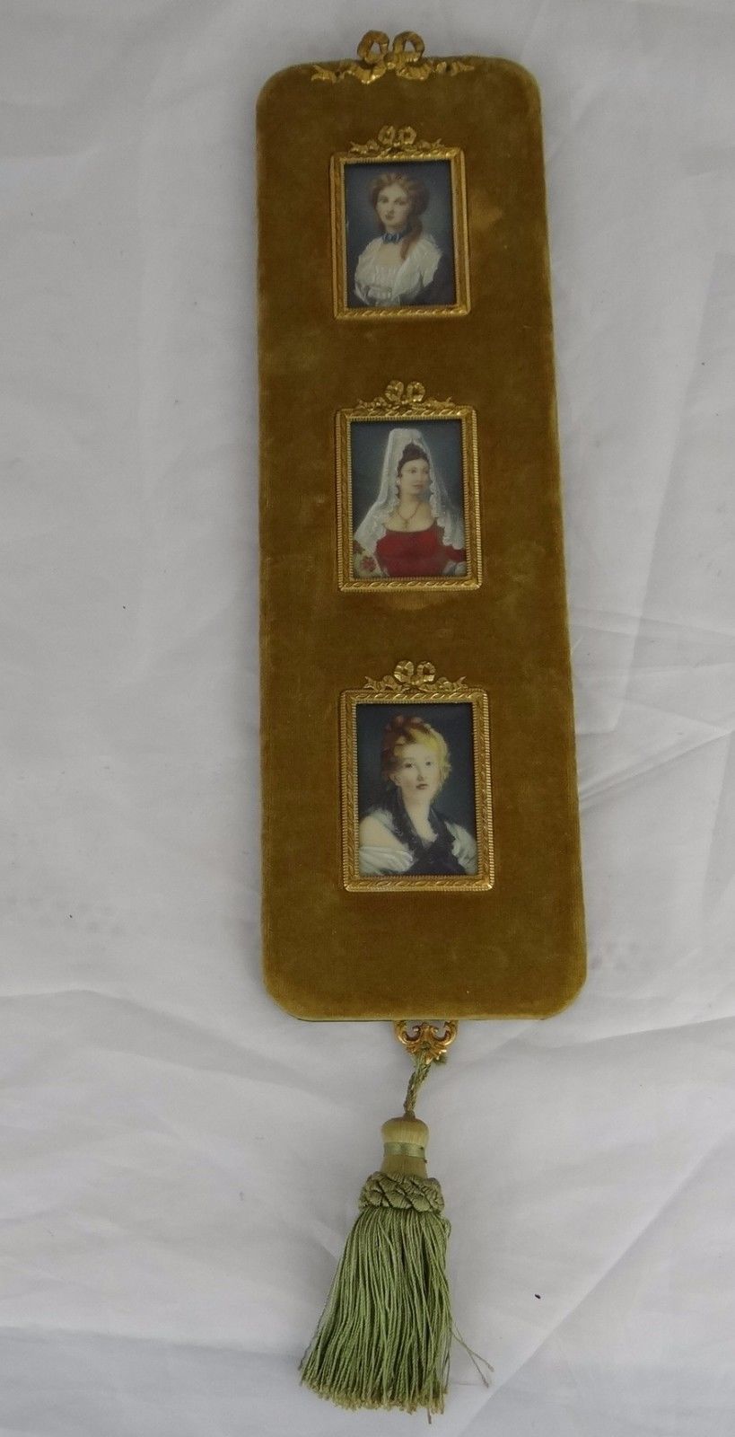 Antique French Three Miniatures Ladies Portrait Velvet Bronze Frame Louis XVI -