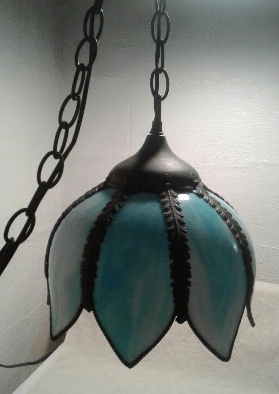 Vintage Stained Glass Slag Hanging Pendant Lamp Ceiling Light Shade Blue Tulip