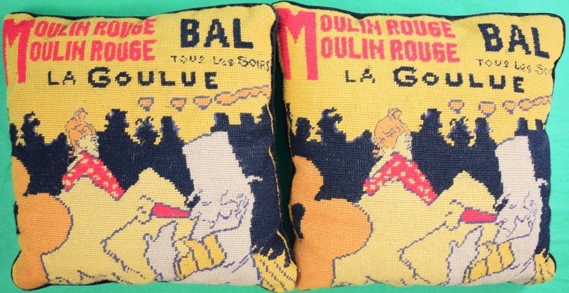 Pair of La Goulue Moulin Rouge Needlepoint Pillows