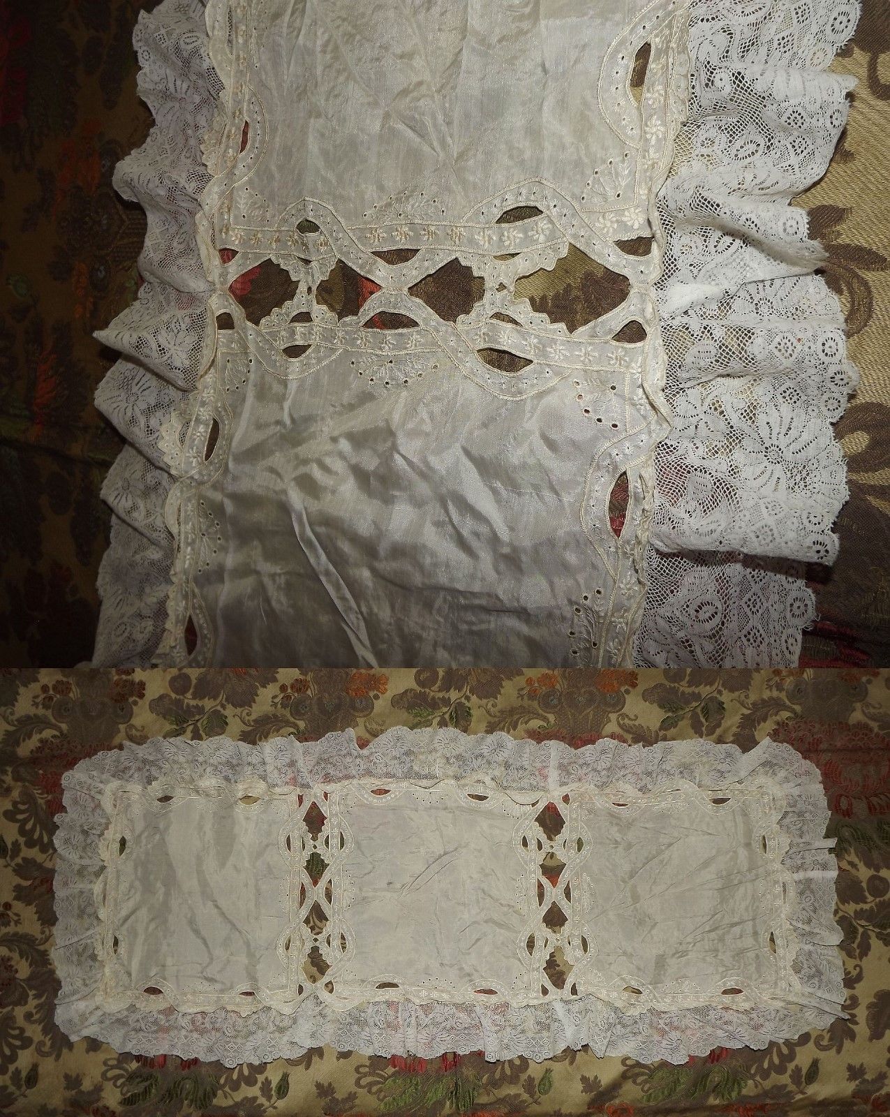 ANTIQUE VINTAGE Cream Silk Embroidered RUNNER Valenciennes Net Lace