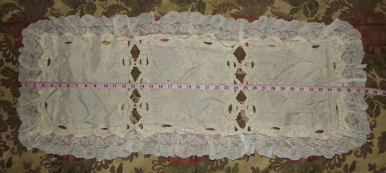 ANTIQUE VINTAGE Cream Silk Embroidered RUNNER Valenciennes Net Lace