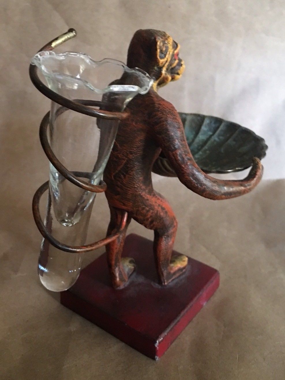 Vintage Cold Painted Cast Iron Monkey Statue Brass Shell Tray Glass Vase Epergne