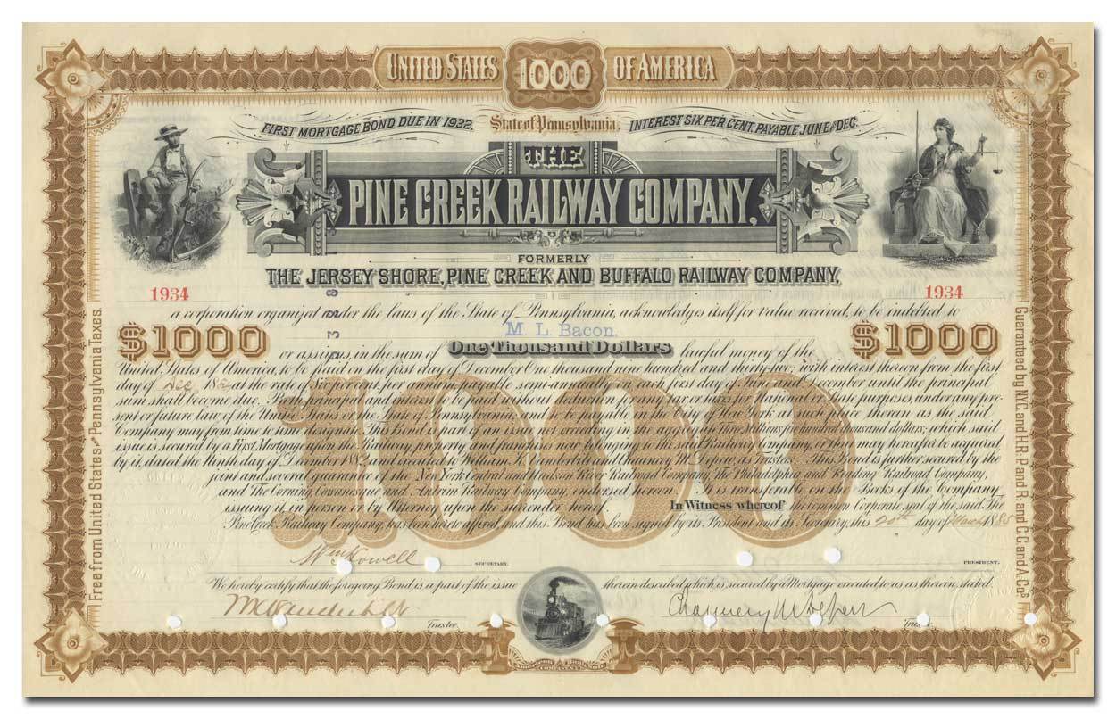Pine Creek Railway Company Bond Certificate Signed by Vanderbilt & DePew