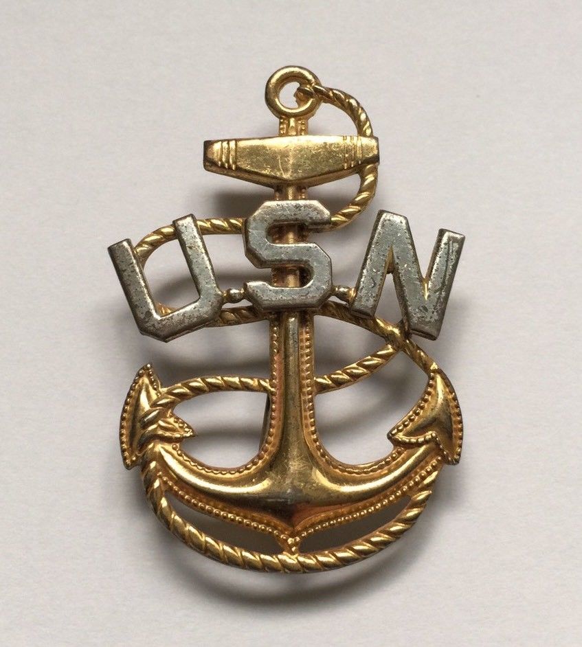 Vintage WW II Two Tone Sterling Silver US Navy Anchor PIN Badge 1 3/4"