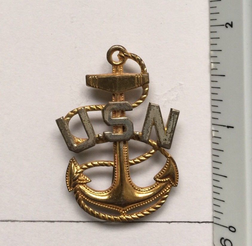 Vintage WW II Two Tone Sterling Silver US Navy Anchor PIN Badge 1 3/4"