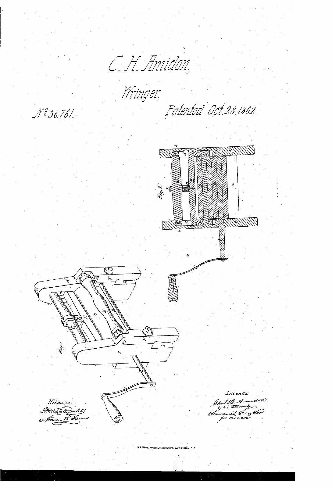 Amidon's Patent Wringing Machine - Pat. Oct. 28, 1862 - L.J. Gunn, Greenfield