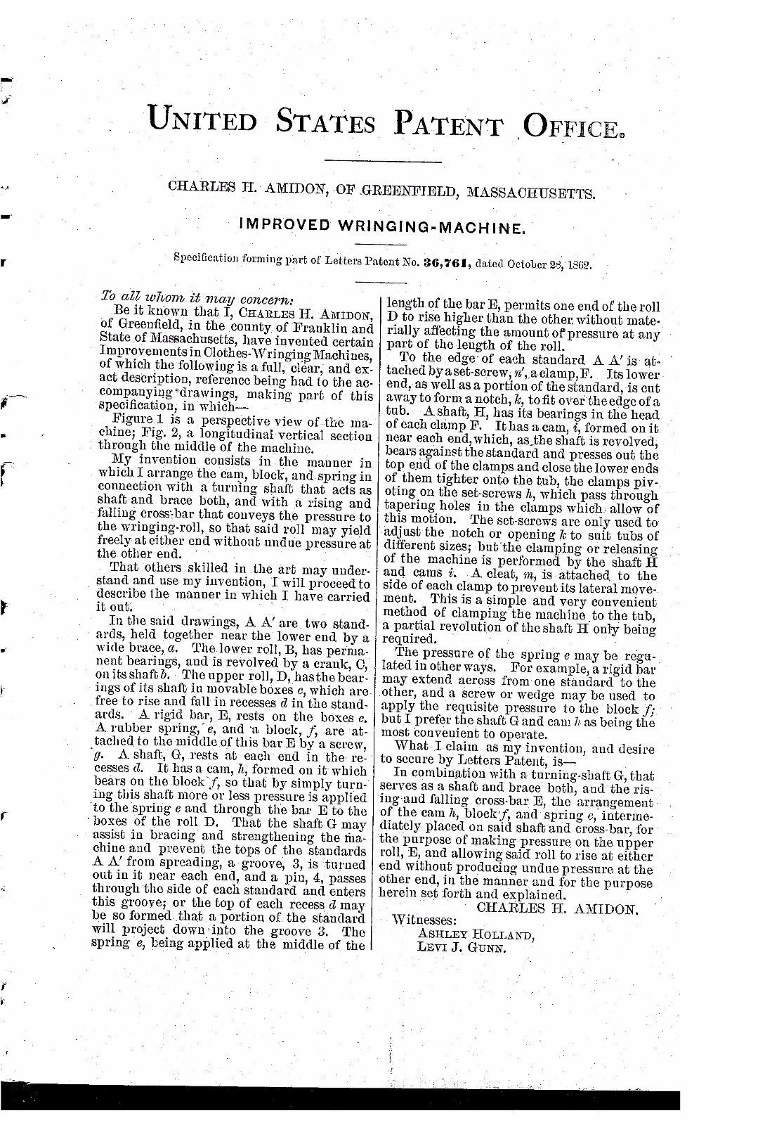 Amidon's Patent Wringing Machine - Pat. Oct. 28, 1862 - L.J. Gunn, Greenfield